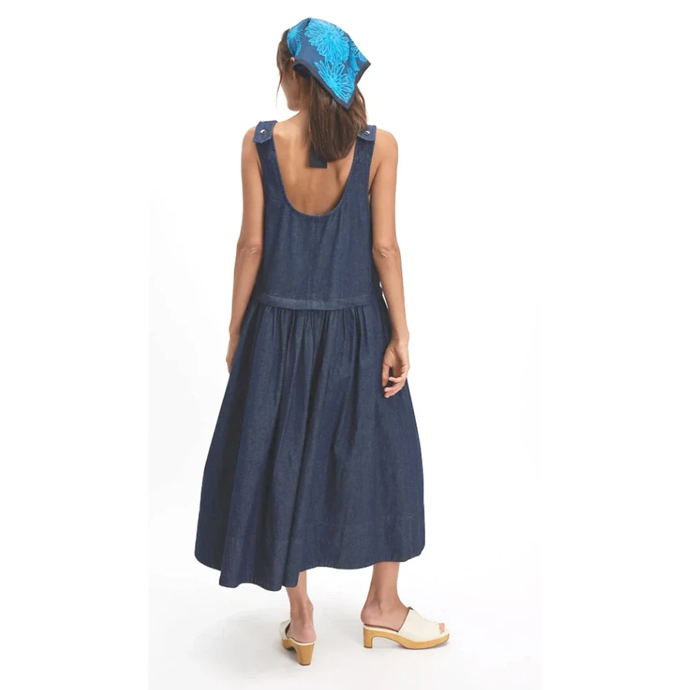 NEW FREE PEOPLE DARK WASH SORAYA DENIM MIDI DRESS SZ S